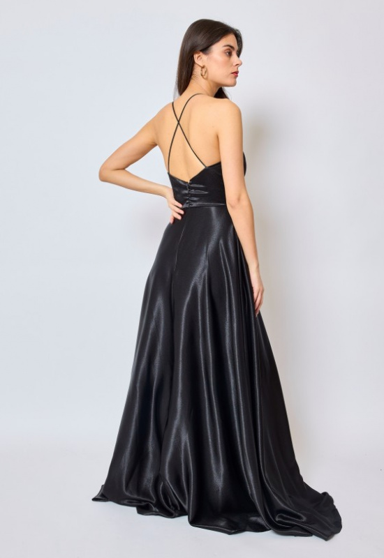 DLHÉ SATÉNOVÉ SPOLOČENSKÉ ŠATY ČIERNE DORIANE