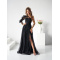 ČIERNE TYLOVÉ SPOLOČENSKÉ ŠATY S JEDNÝM RUKÁVOM ESTRELLA