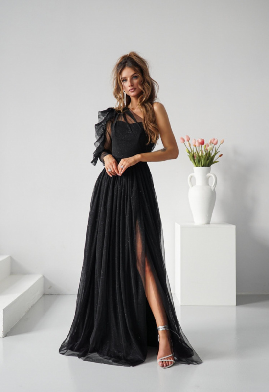 ČIERNE TYLOVÉ SPOLOČENSKÉ ŠATY S JEDNÝM RUKÁVOM ESTRELLA