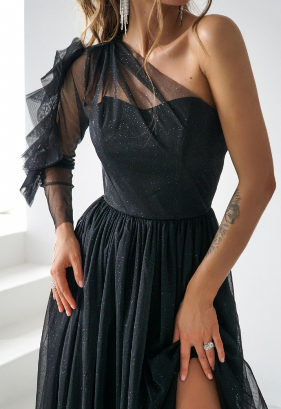 ČIERNE TYLOVÉ SPOLOČENSKÉ ŠATY S JEDNÝM RUKÁVOM ESTRELLA