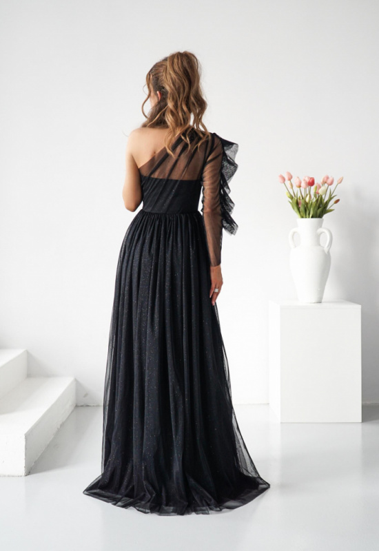 ČIERNE TYLOVÉ SPOLOČENSKÉ ŠATY S JEDNÝM RUKÁVOM ESTRELLA