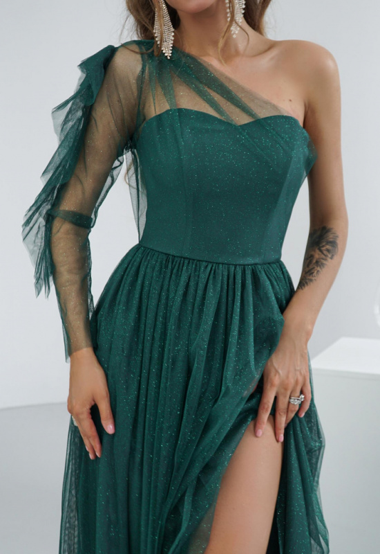 ZELENÉ TYLOVÉ SPOLOČENSKÉ ŠATY S JEDNÝM RUKÁVOM ESTRELLA 