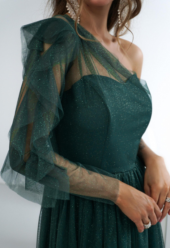 ZELENÉ TYLOVÉ SPOLOČENSKÉ ŠATY S JEDNÝM RUKÁVOM ESTRELLA 