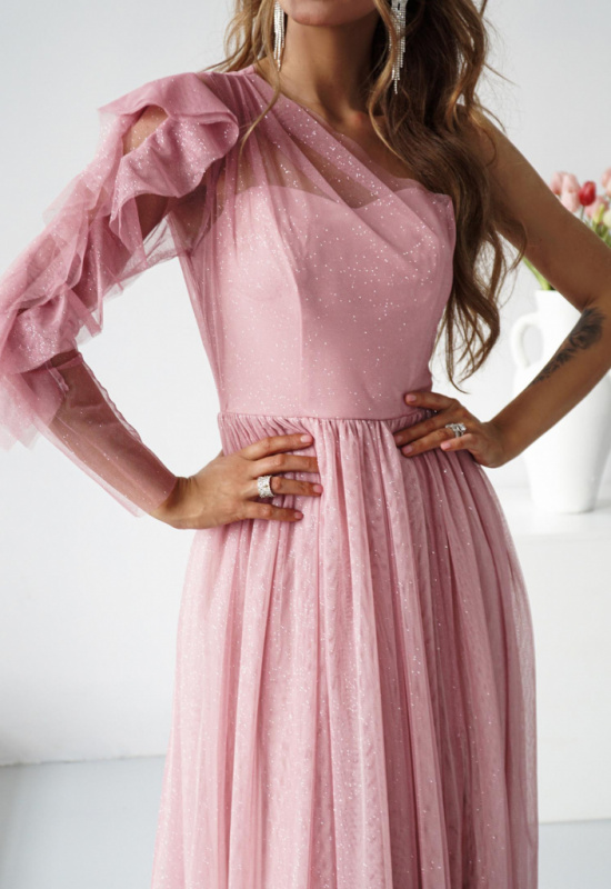 RUŽOVÉ TYLOVÉ SPOLOČENSKÉ ŠATY S JEDNÝM RUKÁVOM ESTRELLA 