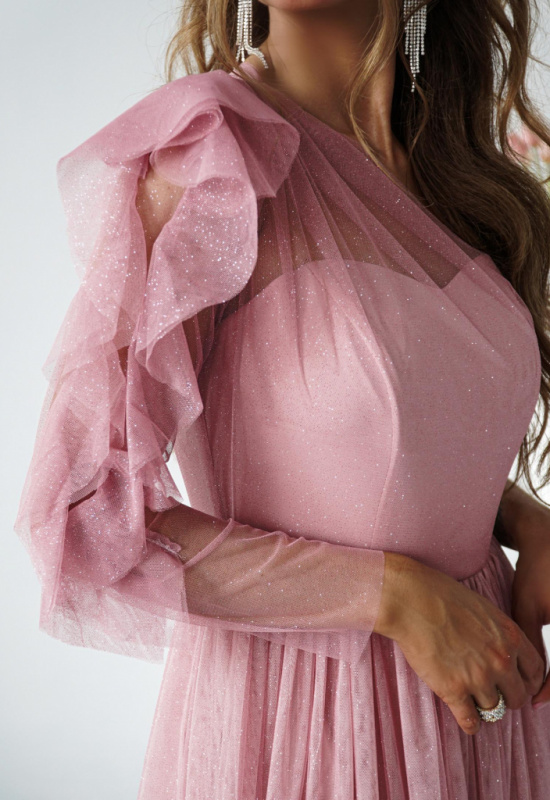 RUŽOVÉ TYLOVÉ SPOLOČENSKÉ ŠATY S JEDNÝM RUKÁVOM ESTRELLA 