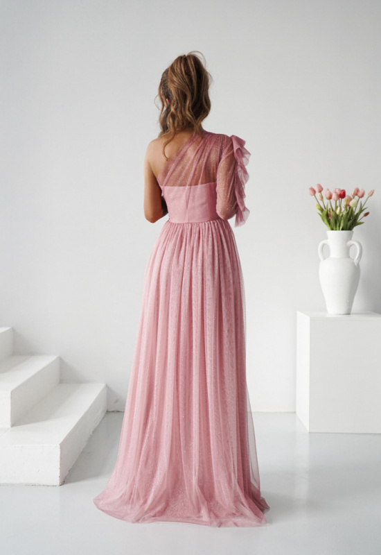 RUŽOVÉ TYLOVÉ SPOLOČENSKÉ ŠATY S JEDNÝM RUKÁVOM ESTRELLA 