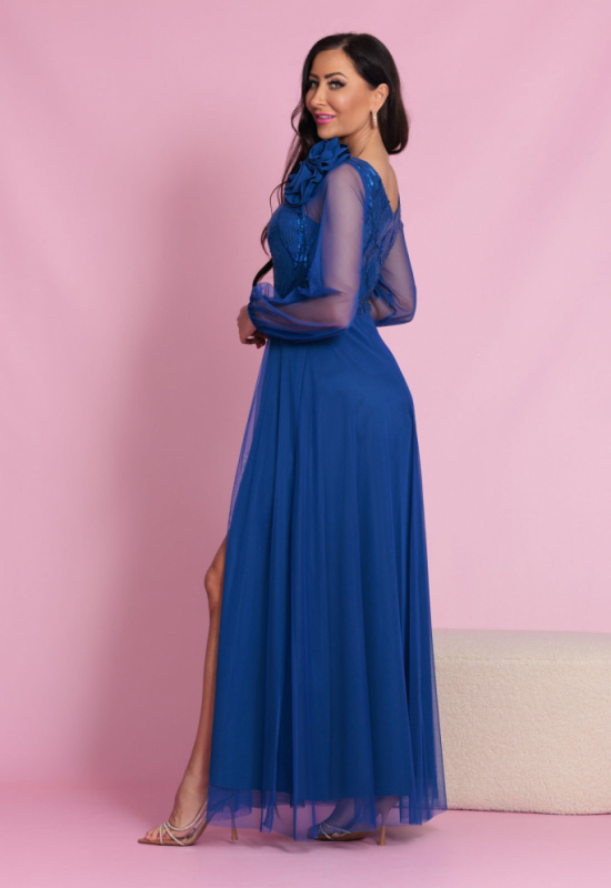 MODRÉ SPOLOČENSKÉ ŠATY S TYLOVÝMI RUKÁVMI STELLA