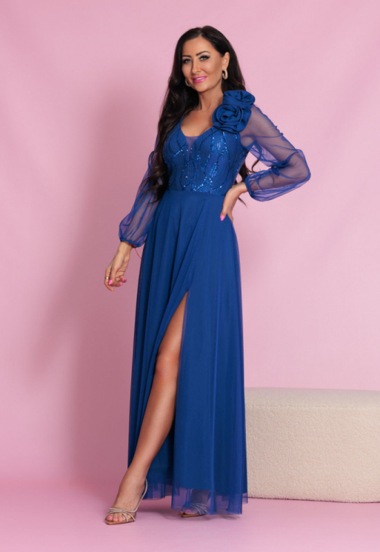 MODRÉ SPOLOČENSKÉ ŠATY S TYLOVÝMI RUKÁVMI STELLA