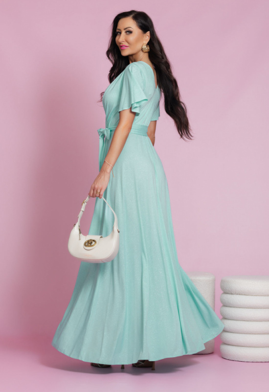 MENTOLOVÉ TRBLIETAVÉ SPOLOČENSKÉ ŠATY S VOLANOVÝM RUKÁVOM BELLA 