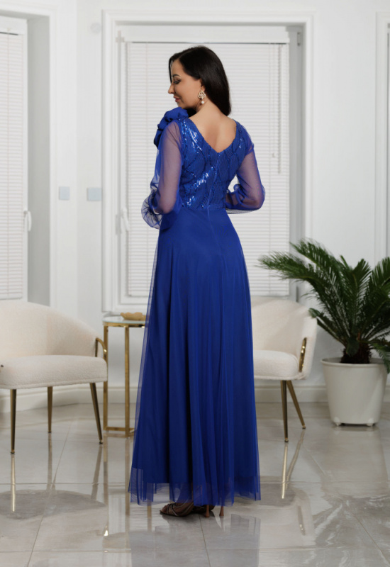 MODRÉ SPOLOČENSKÉ ŠATY S TYLOVÝMI RUKÁVMI STELLA