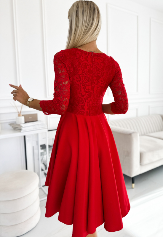 ČERVENÉ ASYMETRICKÉ ŠATY S DLHÝM ČIPKOVANÝM RUKÁVOM NICOLLE 