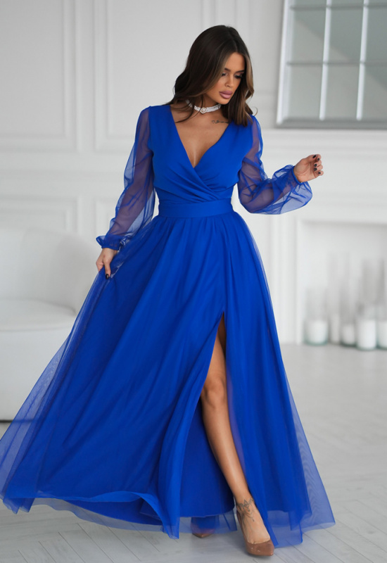 MODRÉ SPOLOČENSKÉ ŠATY S TYLOVÝMI RUKÁVMI LORMA