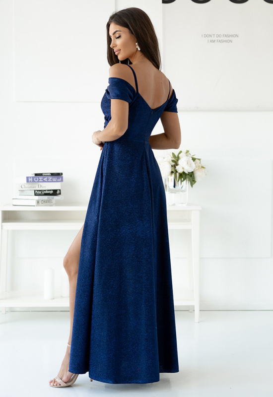 TMAVOMODRÉ TRBLIETAVÉ SPOLOČENSKÉ ŠATY S ROZPARKOM VALENTINA lux