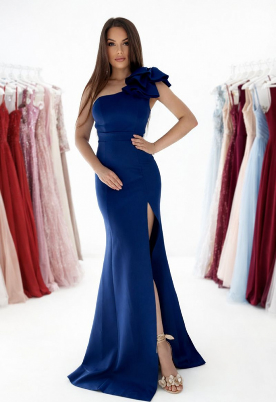 ELEGANTNÉ TMAVOMODRÉ SPOLOČENSKÉ ŠATY NA JEDNO RAMENO S ROZPARKOM ALBANIA