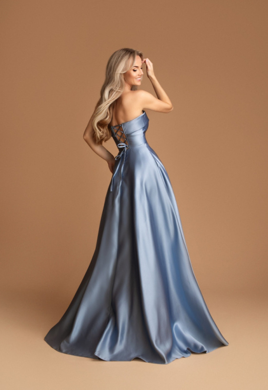 SVETLOMODRÉ DLHÉ SATÉNOVÉ SPOLOČENSKÉ ŠATY ALIZEE