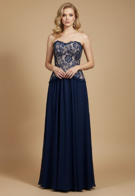 TMAVOMODRÉ KORZETOVÉ SPOLOČENSKÉ ŠATY S ČIPKOVANÝM VRCHOM SUZANNE