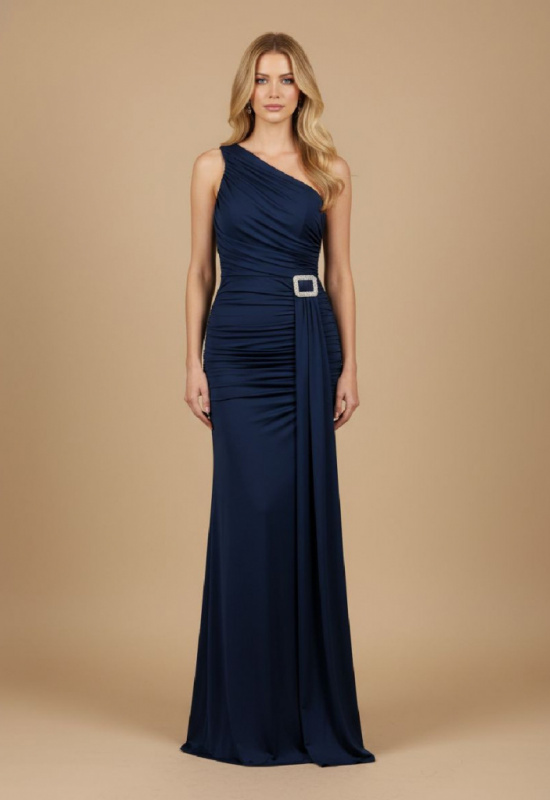 TMAVOMODRÉ PRILIEHAVÉ DLHE SPOLOČENSKÉ ŠATY NA JEDNO RAMENO TATIANA 