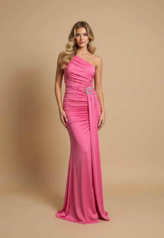 FUKSIOVÉ PRILIEHAVÉ DLHE SPOLOČENSKÉ ŠATY NA JEDNO RAMENO TATIANA