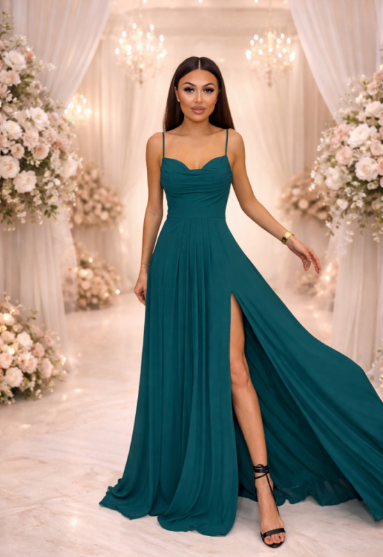 ZELENÉ DLHÉ SPOLOČENSKÉ ŠATY NA RAMIENKA S ROZPARKOM KIA