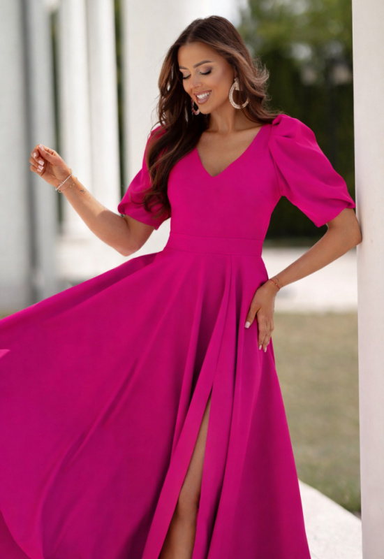 FUKSIOVÉ SPOLOČENSKÉ ŠATY S BALÓNOVÝMI RUKÁVMI SIMONE  