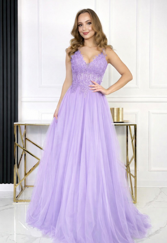 SVETLOFIALOVÉ SPOLOČENSKÉ ŠATY S TYLOVOU SUKŇOU  