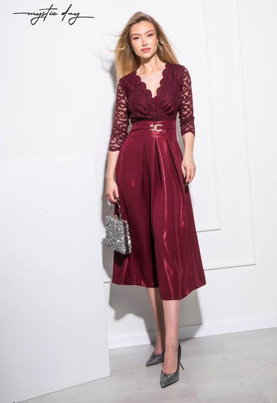 BORDOVÉ ELEGANTNÉ MIDI ŠATY S ČIPKOVÝM VRCHOM RICADONNA