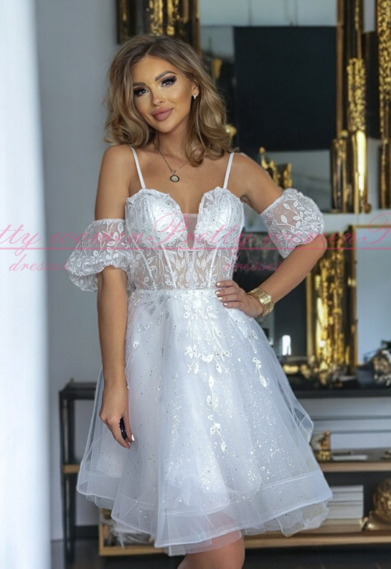 BIELE KRÁTKE TYLOVÉ POPOLNOČNÉ ŠATY BITA