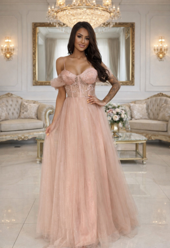 PUDROVO-RUŽOVÉ TYLOVÉ SPOLOČENSKÉ ŠATY LYANNA 