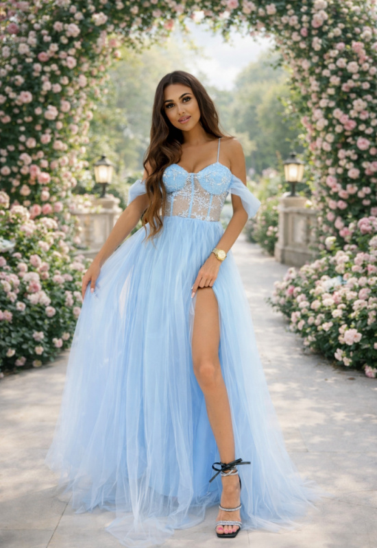 SVETLOMODRÉ TYLOVÉ SPOLOČENSKÉ ŠATY LYANNA 