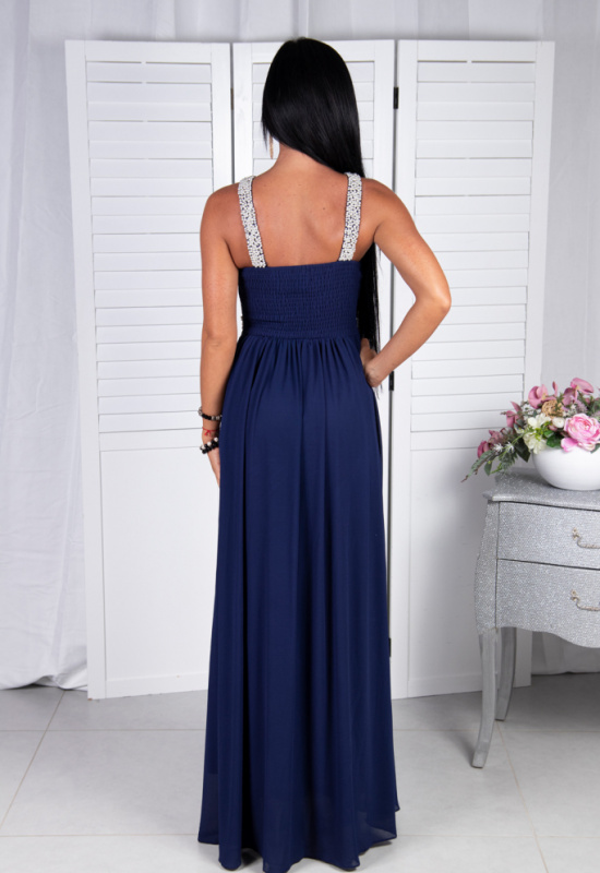 DLHÉ TMAVOMODRÉ SPOLOČENSKÉ ŠATY S PREKRÍŽENÝMI RAMIENKAMI