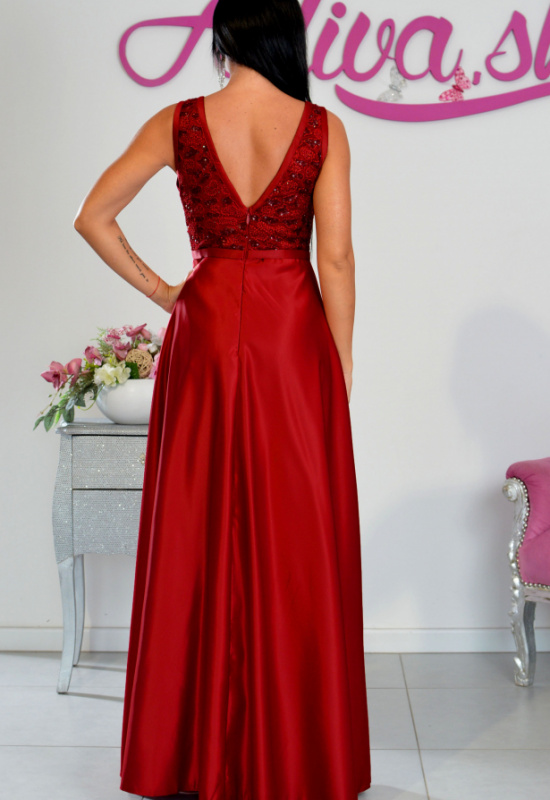 BORDOVOČERVENÉ SATÉNOVÉ SPOLOČENSKÉ ŠATY FANNY