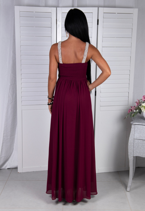 DLHÉ BORDOVÉ SPOLOČENSKÉ ŠATY S PREKRÍŽENÝMI RAMIENKAMI