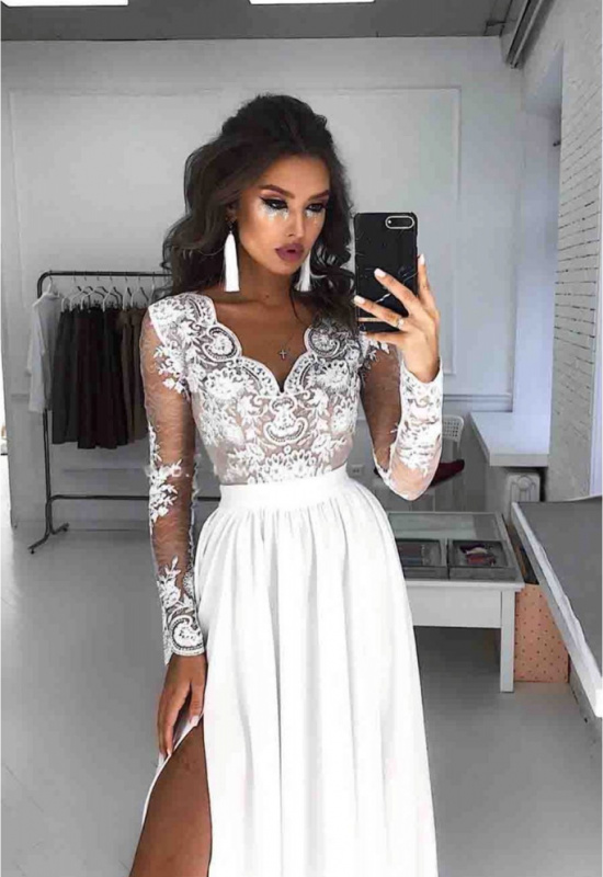 BIELE SPOLOČENSKÉ ŠATY S ČIPKOVANÝMI RUKÁVMI LUNA