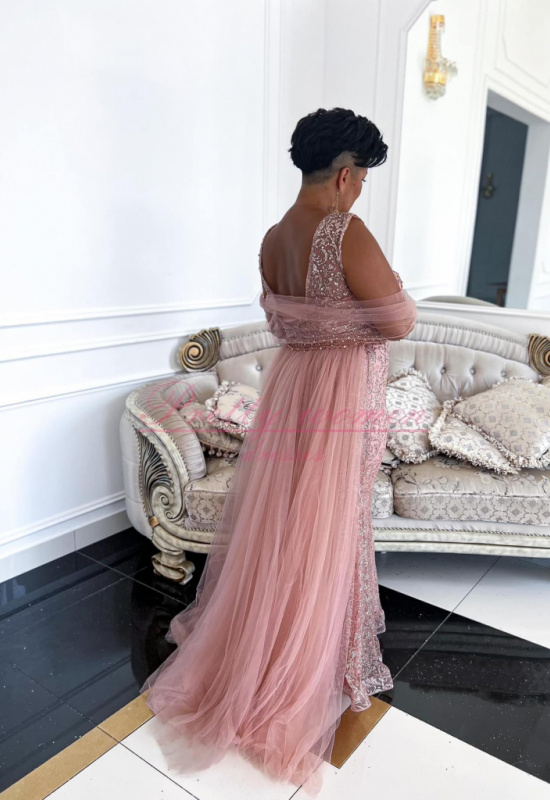 LUXUSNÉ ZLATORUŽOVÉ SPOLOČENSKÉ ŠATY S ODNÍMATELNOU VLEČKOU ANTONINA 