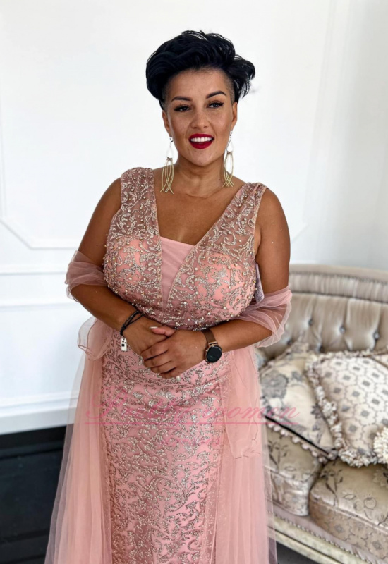 LUXUSNÉ ZLATORUŽOVÉ SPOLOČENSKÉ ŠATY S ODNÍMATELNOU VLEČKOU ANTONINA 